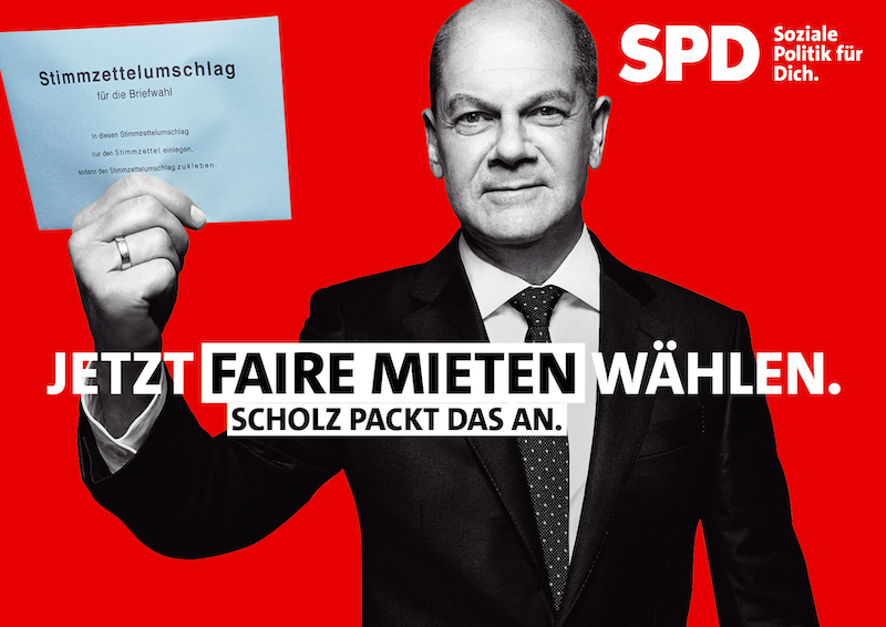 Plakat: Jetzt faire Mieten wählen. Scholz packt das an.
