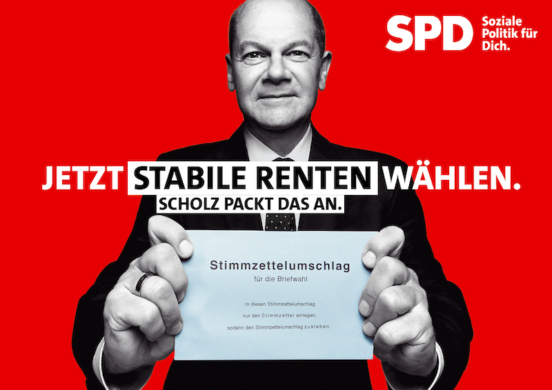 Plakat: Jetzt stabile Renten wählen. Scholz packt das an.