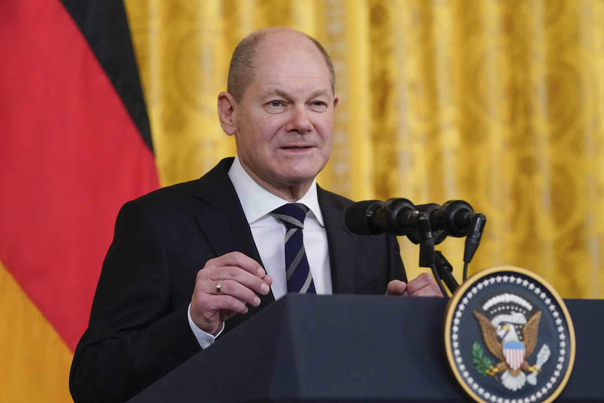 Foto: Olaf Scholz während der Pressekonferenz mit Joe Biden