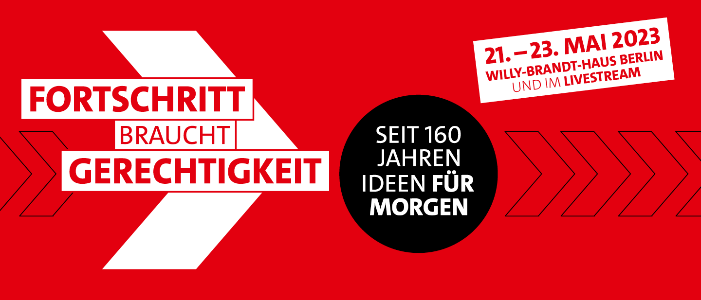 Grafik: Save the date: 21.-23. Mai: Fortschritt braucht Gerechtigkeit - seit 160 Jahren Ideen für morgen