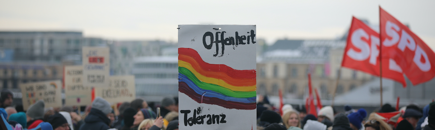 Foto: SPD-Fahnen bei Demonstration gegen Rechtsextremismus in Köln 