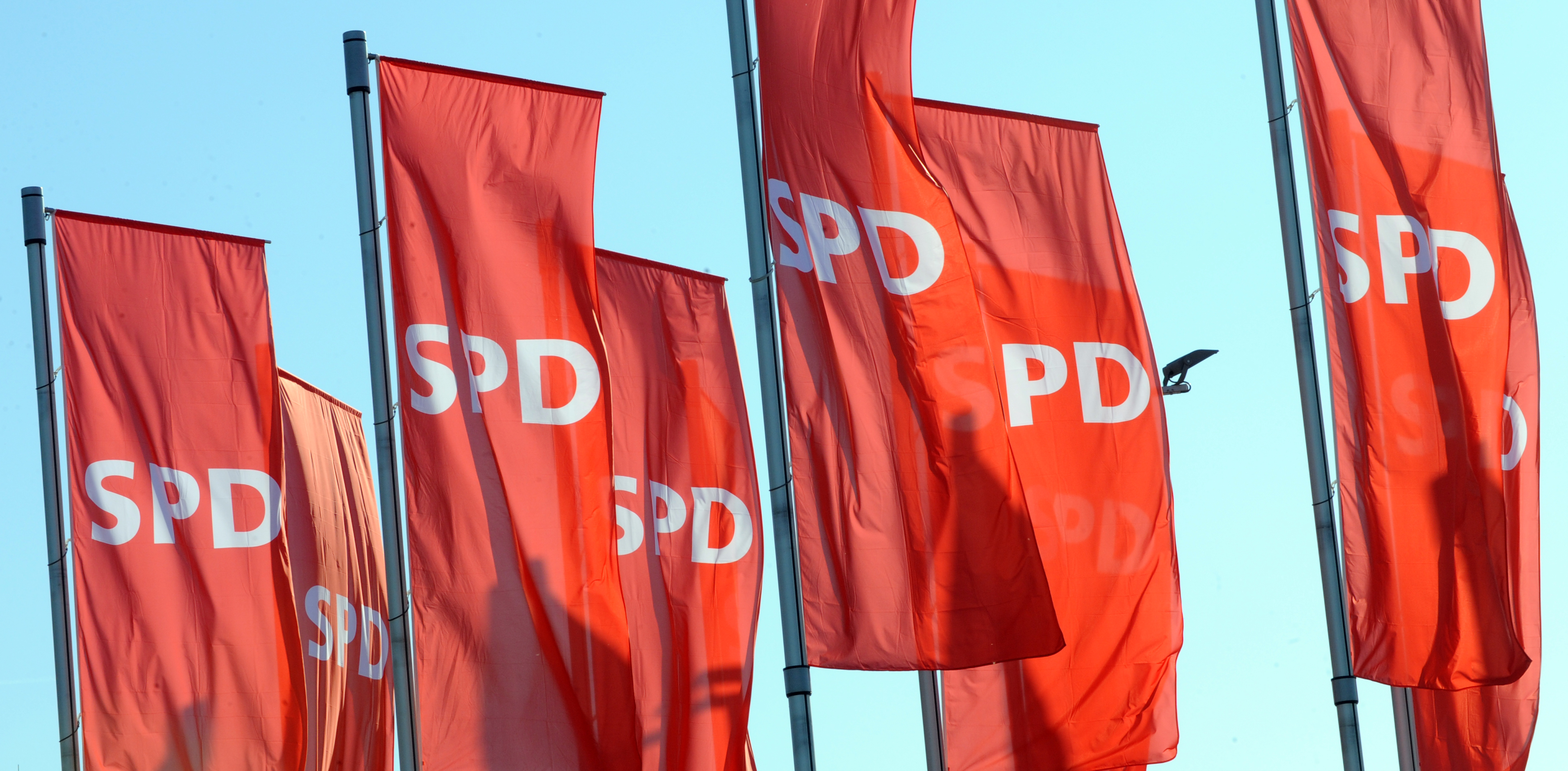 SPD-Flaggen wehen vor dem Perspektivkongress 2015 im Wind. (Foto: dpa)