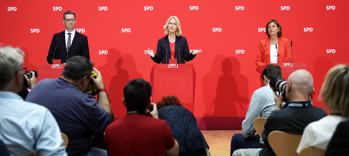 Foto: Pressekonferenz mit Thorsten Schäfer-Gümbel, Manuela Schwesig und Malu Dreyer