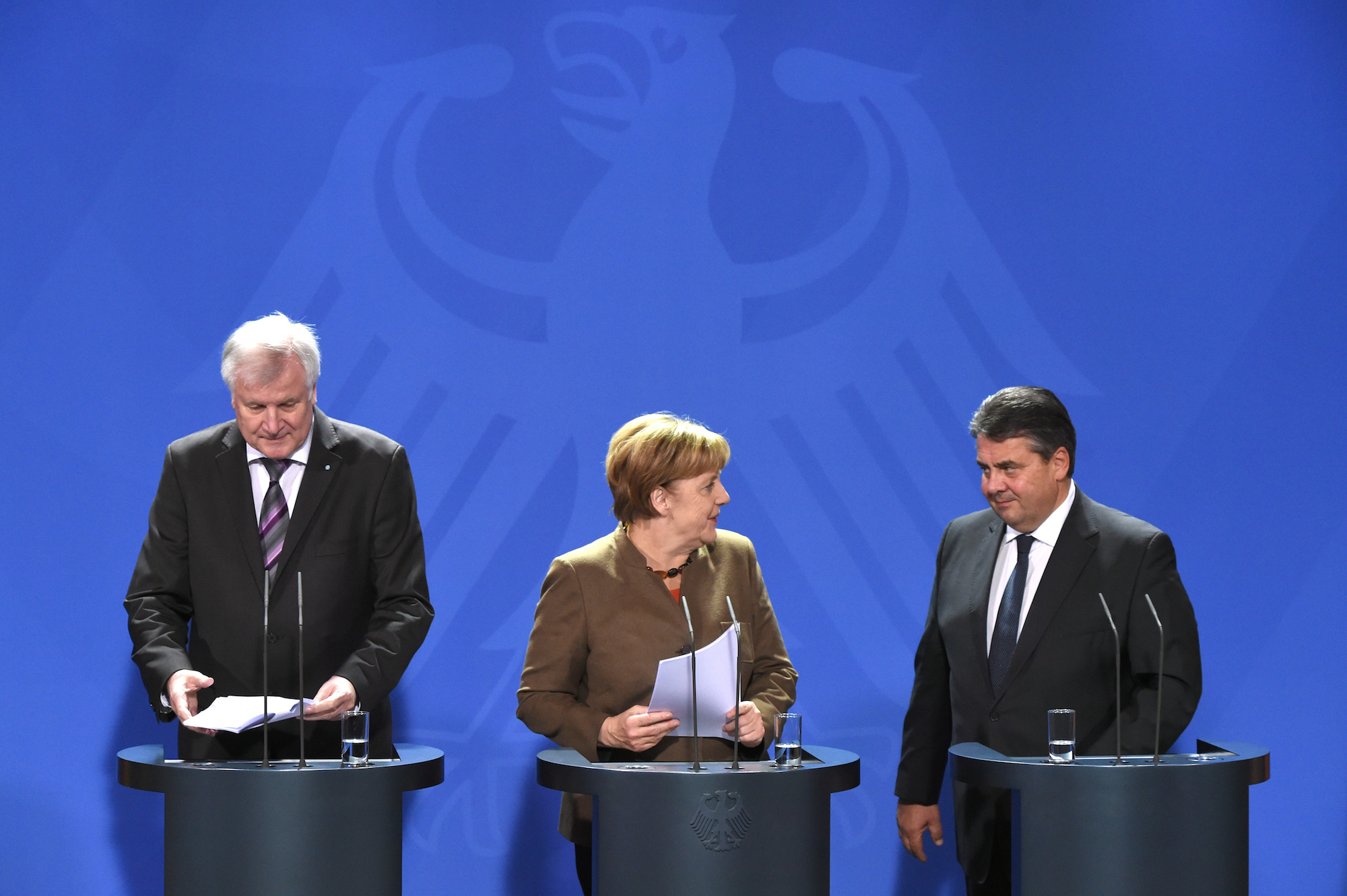 Foto: Pressekonferenz im Kanzleramt mit Horst Seehofer, Angela Merkel und Sigmar Gabriel