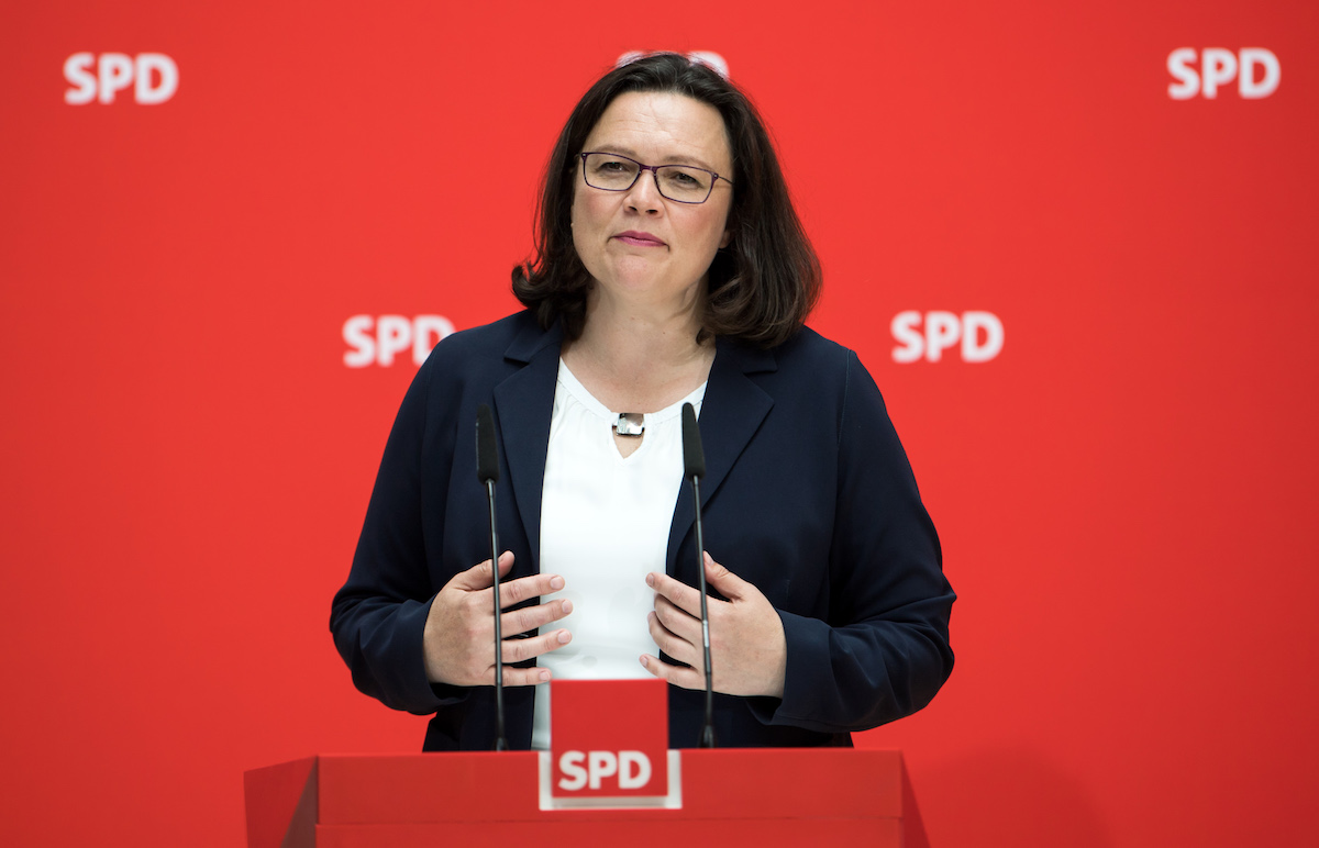 Andrea Nahles, Vorsitzende der Sozialdemokratischen Partei Deutschlands (SPD), äußert sich bei einer Pressekonferenz nach den Gremiensitzungen der Partei zur aktuellen Krise zwischen CDU und CSU.