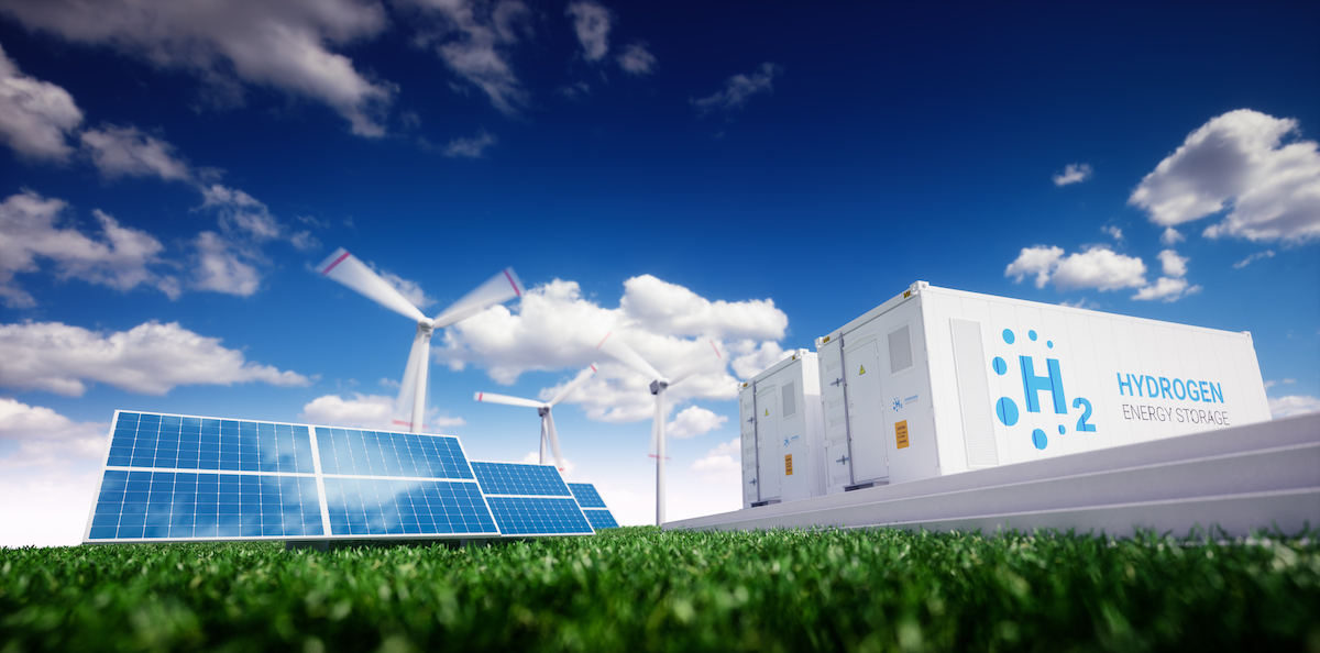 Symbolfoto: Wasserstoffspeicherung mit erneuerbaren Energiequellen - Fotovoltaik- und Windkraftwerk in frischer Natur. (3D-Darstellung)