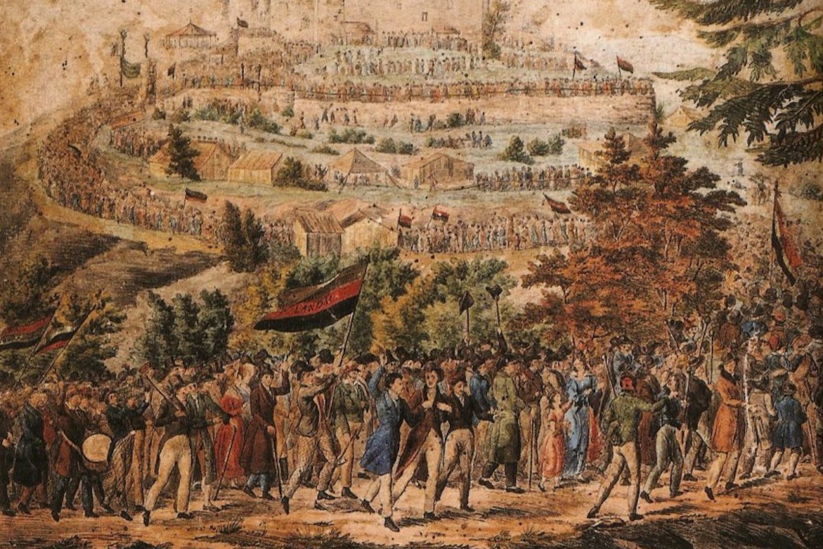 Foto: Der Zug zum Hambacher Schloss am 27. Mai 1832. Kolorierte Federlithographie, um 1832.