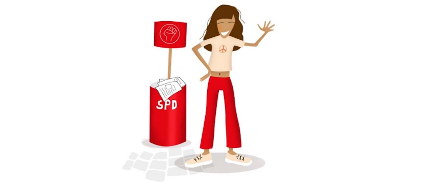 Grafik: Wahlkämpferin steht an SPD-Infostand