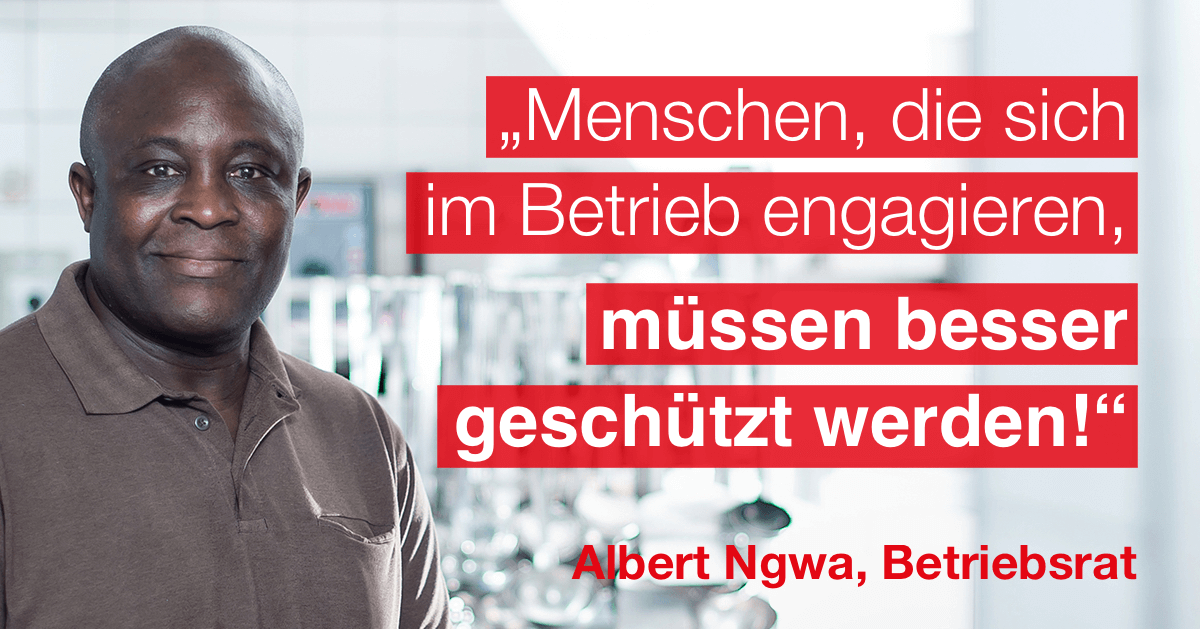 Foto zur 1. Mai-Aktion: Menschen, die sich im Betrieb engagieren, müssen besser geschützt werden!, sagt Albert Ngwa, Betriebsrat