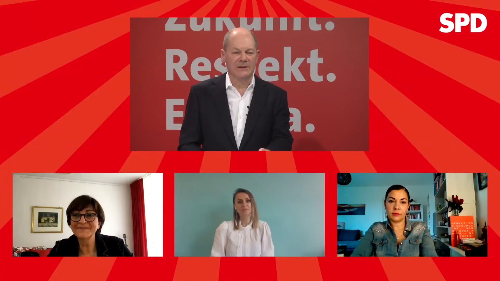 Screenshot des Gleichstellung-Talks mit Olaf Scholz, Saskia Esken, Jagoda Marinić und Reyhan Şahin