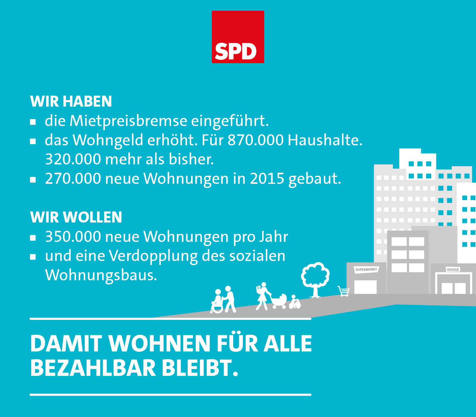 Grafik: Mietpreisbremse, Wohngelderhöhung und mehr Wohnungsbau: Damit Wohnen für alle bezahlbar bleibt.