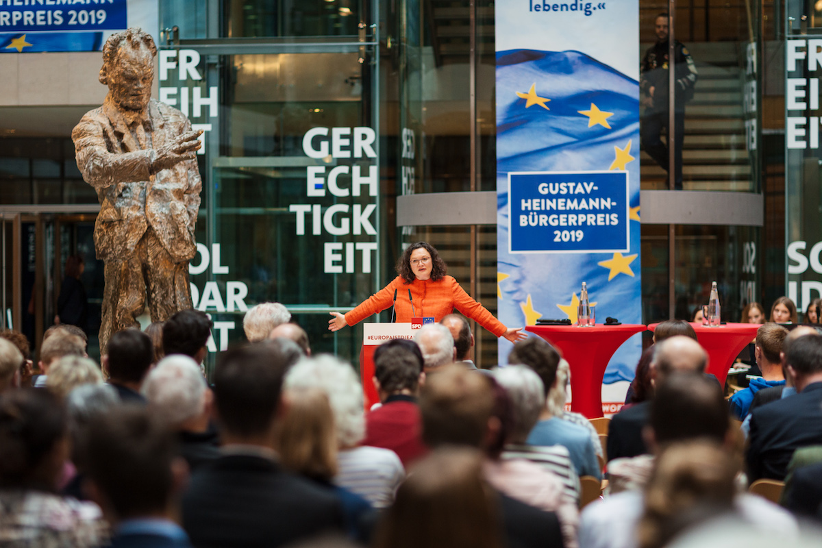 Foto: Andrea Nahles spricht bei der Verleihung des Gustav-Heinemann-Bürgerpreises 2019