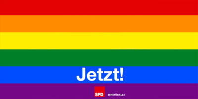 Grafik: Regenbogenflagge mit Schriftzug: Ehe für alle - Jetzt!