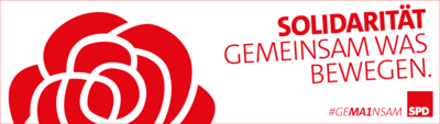 Banner zum 1. Mai: Solidarität. Gemeinsam was bewegen #geMA1nsam