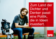 Plakat mit Symbolbild zum Thema „Innovation“ und Text: Zum Land der Dichter und Denker passt eine Politik, die in Ideen investiert.