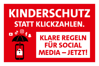 Grafik: Kinderschutz statt Klickzahlen. Klare Regeln für Social media - jetzt!