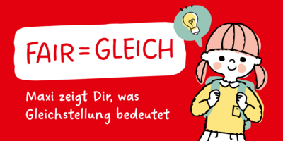 Grafik: Fair = Gleich. Maxi zeigt Dir, was Gleichstellung bedeutet