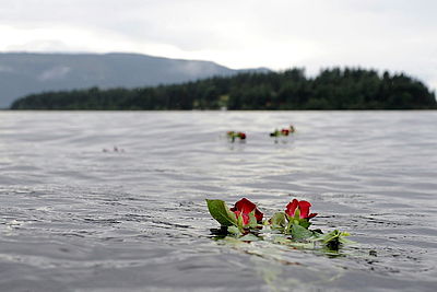 Foto: Eine Rose schwimmt im Gedenken an die Opfer des Anschlags vor der Insel Utoya im Wasser.