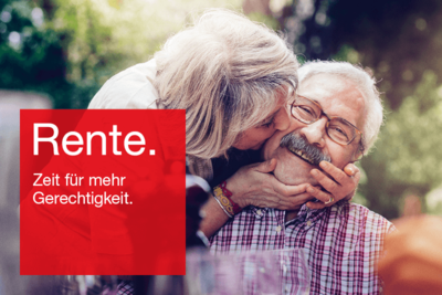 Foto: Glückliches Rentnerpaar mit Text "Rente. Zeit für mehr Gerechtigkeit."